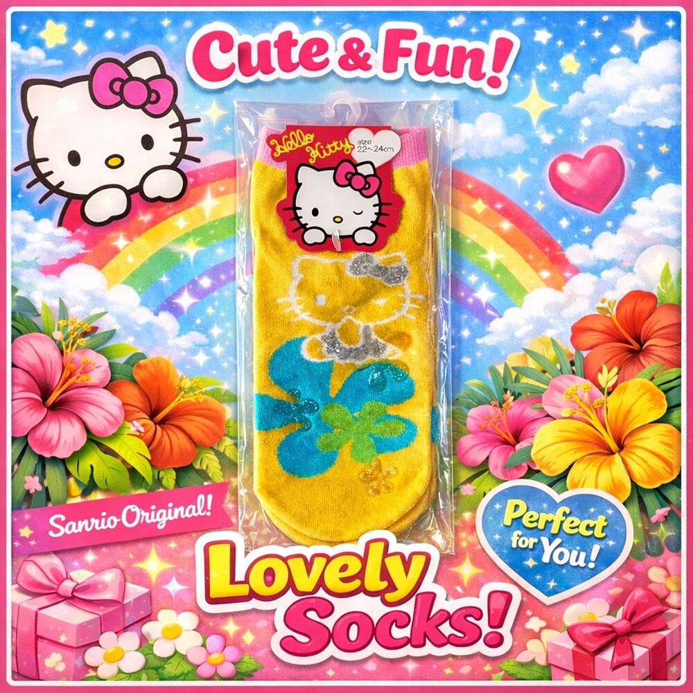 Sanrio Hello Kitty Yellow Tropical Floral Socks NEW 22-24cm